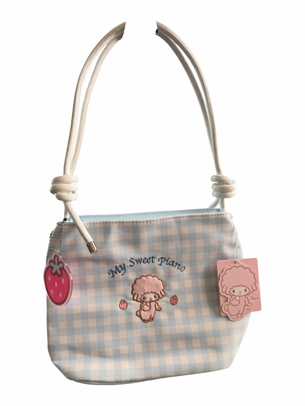 NWT  Sanrio My Sweet Piano Blue Gingham Mini Shoulder Bag w/ Strawberry Charm